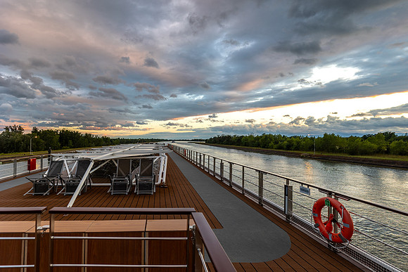 Sunset over deck underway on the Rhine